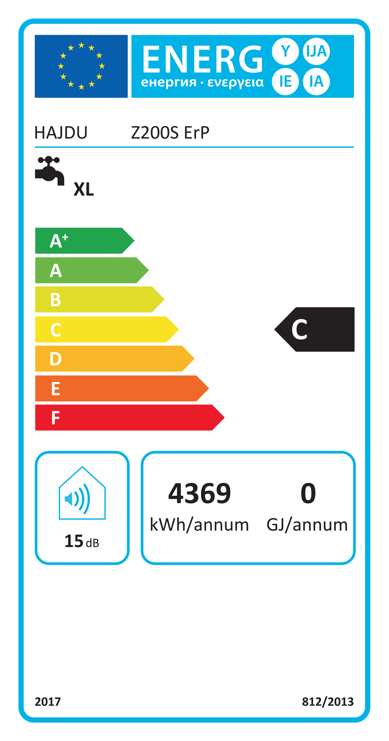 Energia címke egy csaphoz. Megmutatja az energiahatékonysági besorolást és az energiafogyasztási adatokat.
