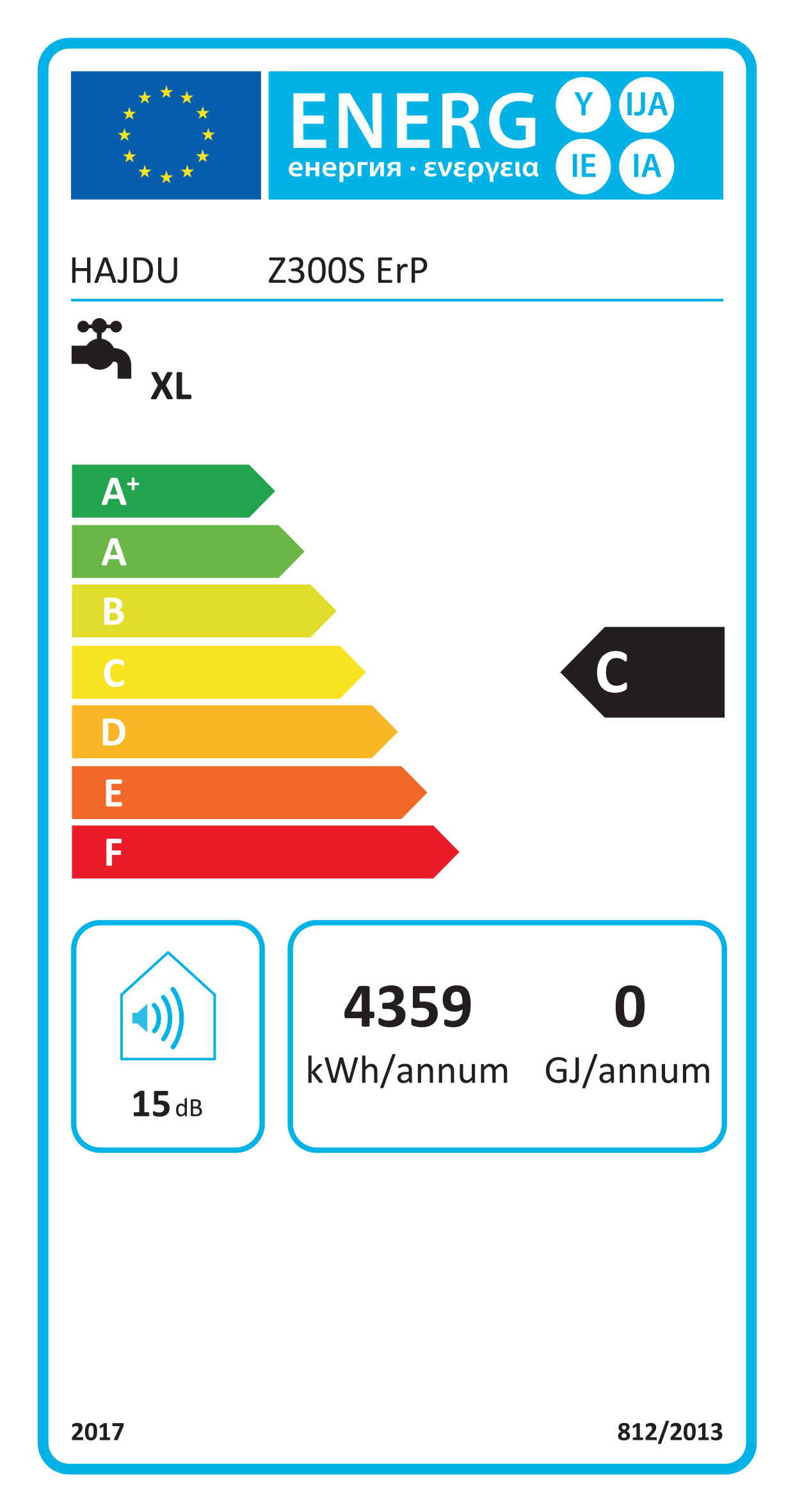 Energia címke EU zászlóval és készülék információkkal, fehér háttér, fekete szöveg.