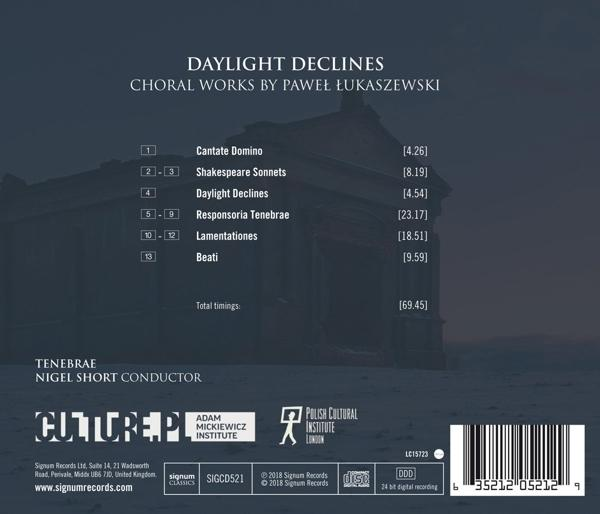 CD-Cover mit Text über Chorwerke von Pawel Lukaszewski, mit einer Gebäudesilhouette.