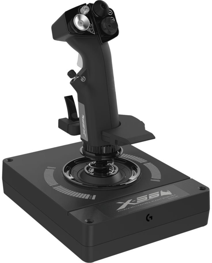 Black Logitech X-35M flight stick on a black base. It has buttons and a handle. The brand name is visible.