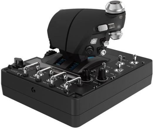 A black flight simulator joystick with multiple buttons and switches on a black base.