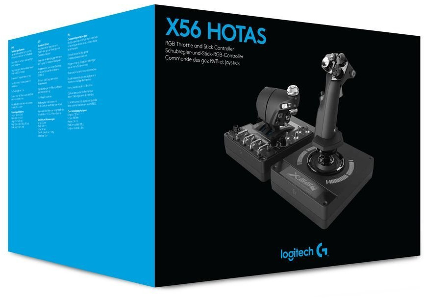 A box with the X56 HOTAS throttle and stick controller. The box is blue with the Logitech G logo.