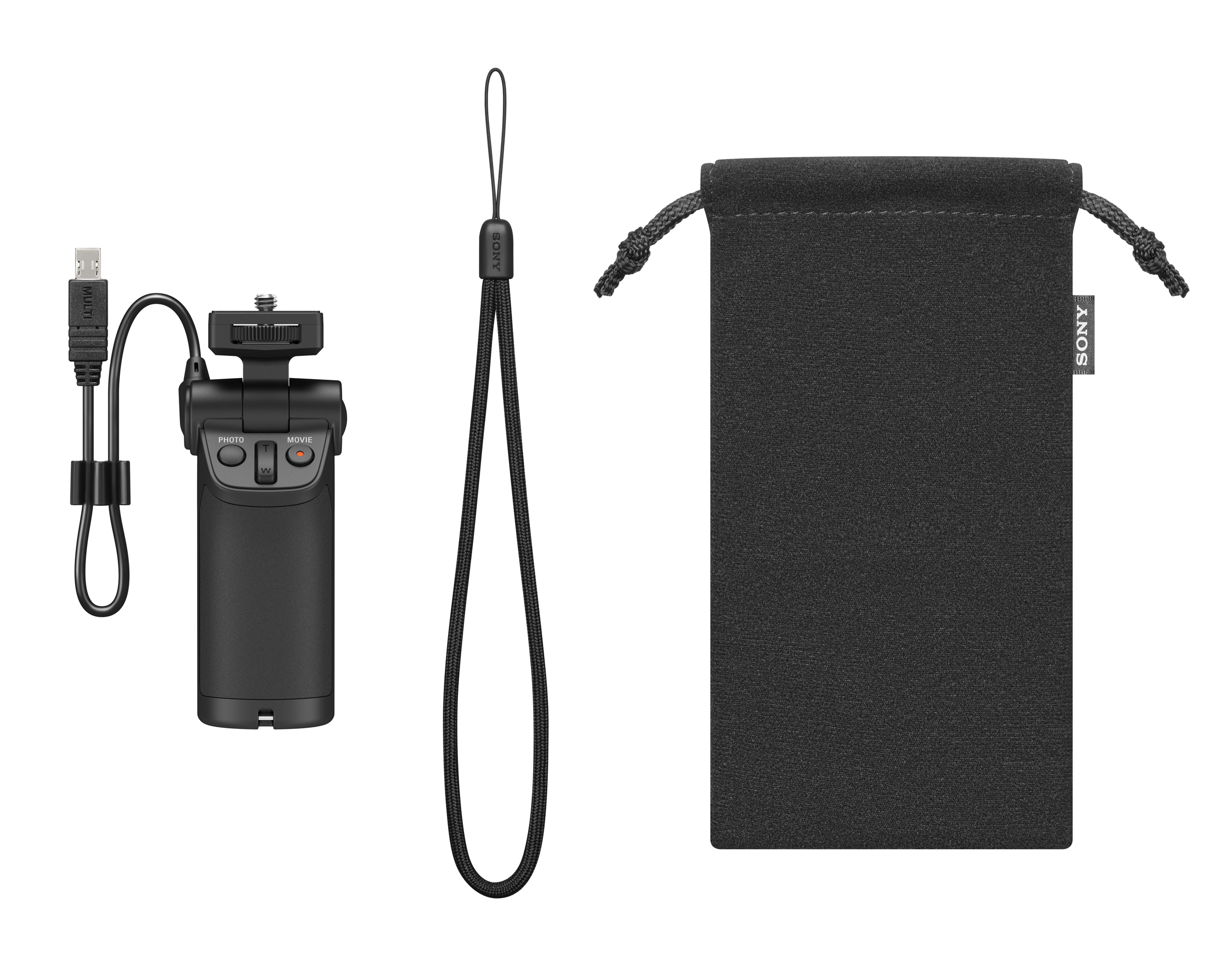 Ein schwarzes Sony Zubehör-Kit: ein USB-Kabel, ein Griff und eine Tragetasche.