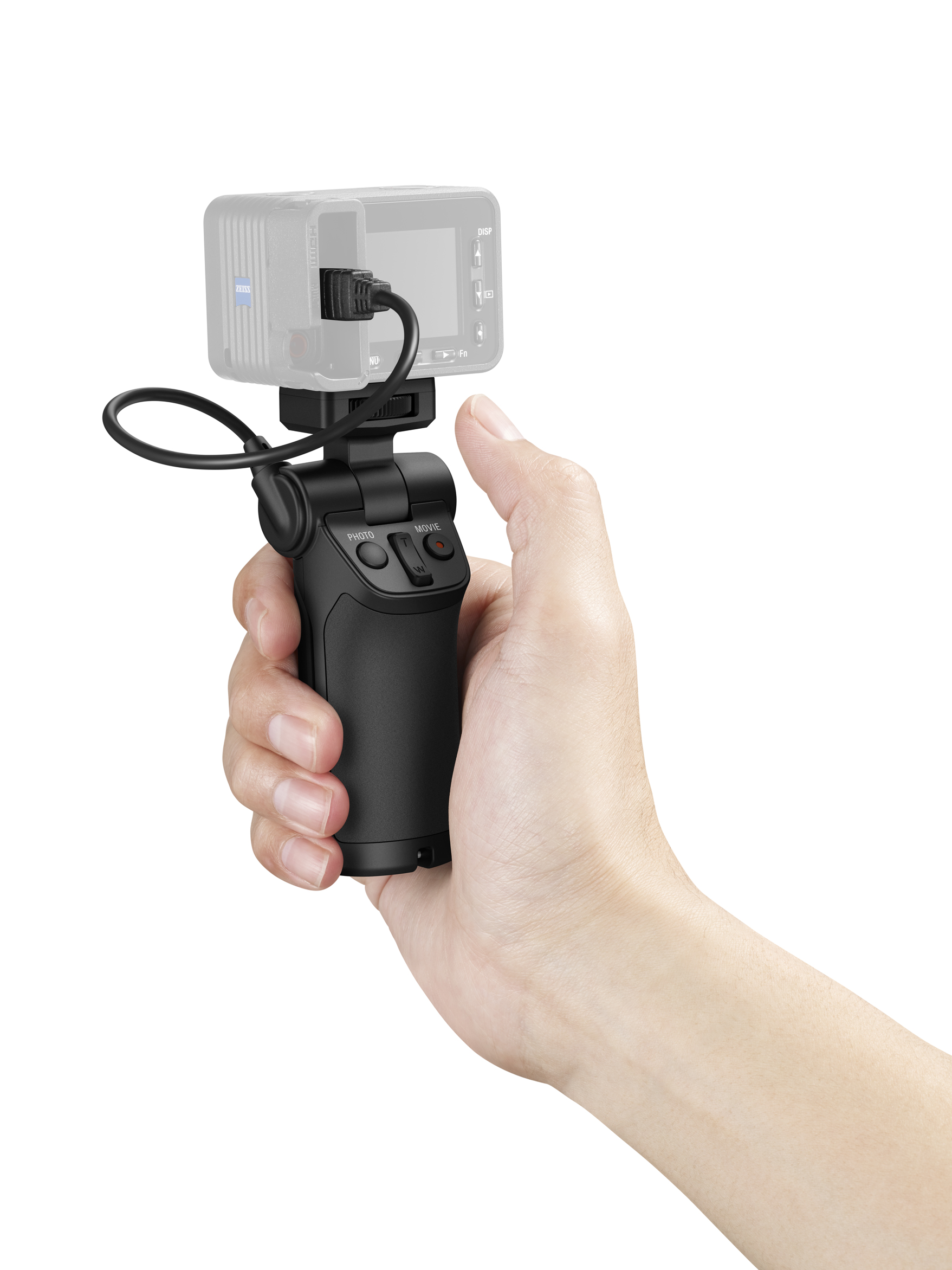 Eine Hand, die eine Kamera und einen Griff mit einem Mikrofon hält.