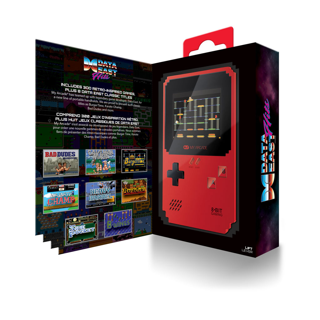 Une console de jeu portable rétro rouge avec un écran affichant un jeu. La boîte affiche des titres et des logos de jeux.