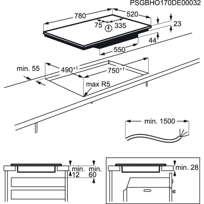 Indukciós főzőlap diagramja méretekkel és dimenziókkal.