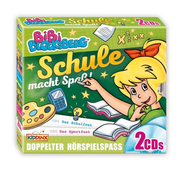 Boxset für Kinderhörbücher. Mit Cartoon-Mädchen, Schulmaterial und dem Schriftzug "Schule macht Spaß!".