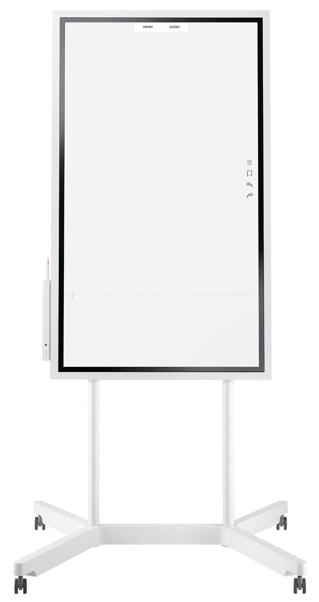 Ein weißes interaktives Whiteboard auf einem Rollständer mit Stifthalter.