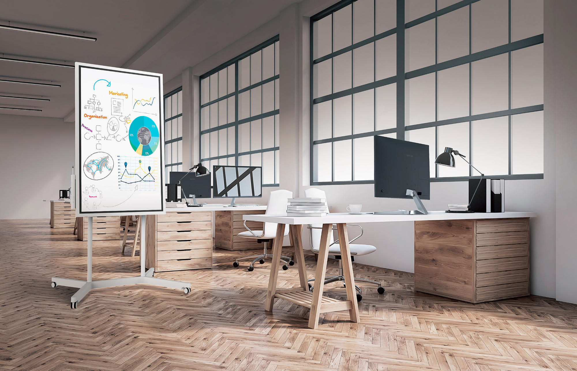 Büroumgebung mit Whiteboard-Display, Computern und Holzböden.