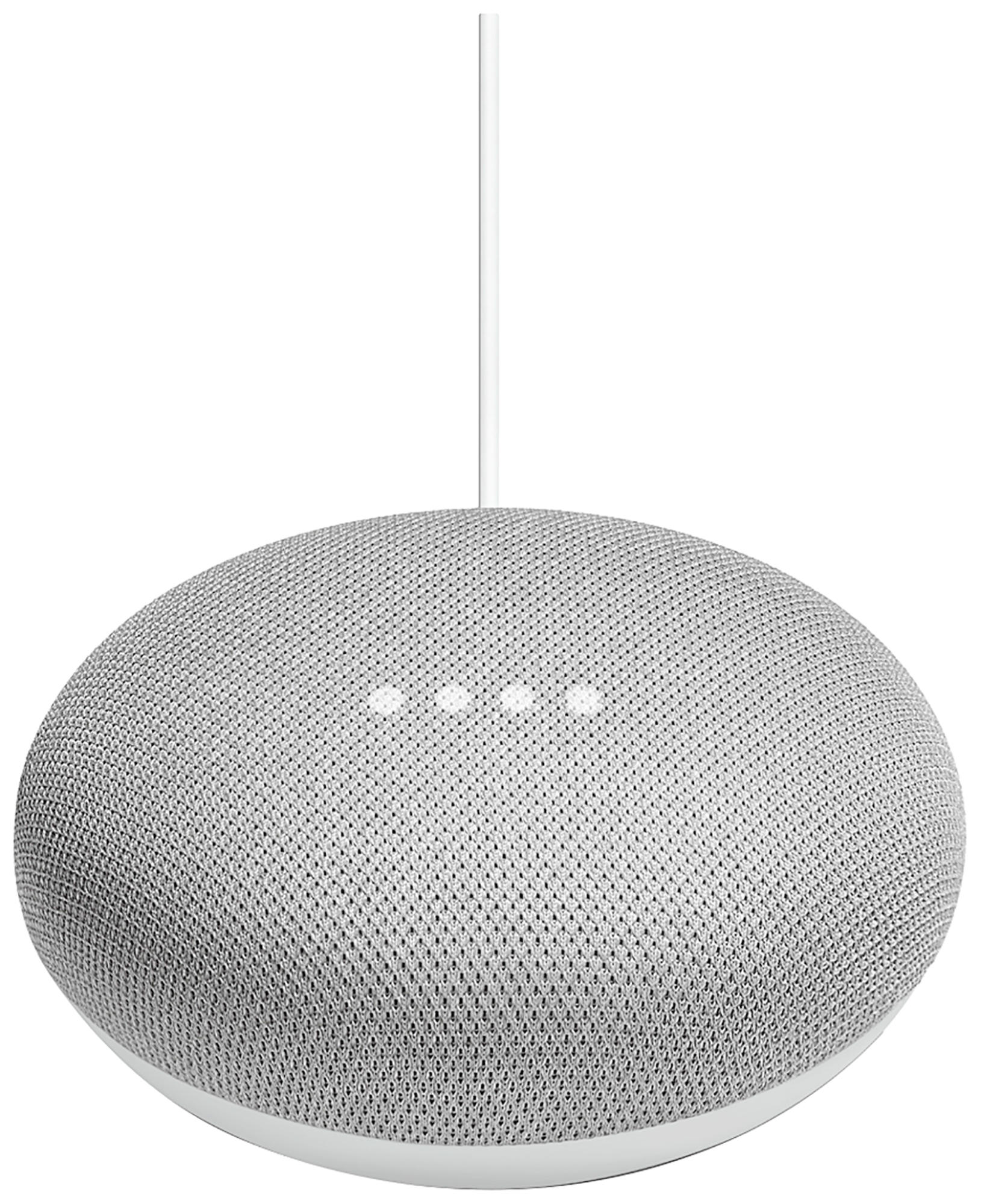 Altavoz Google Nest Mini blanco con tres luces blancas en la parte superior.