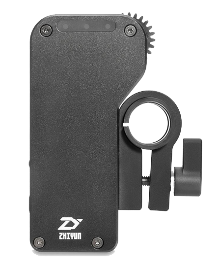 Black camera accessory with a gear, a clamp, and the Zhiyun logo on a white background. It is rectangular.