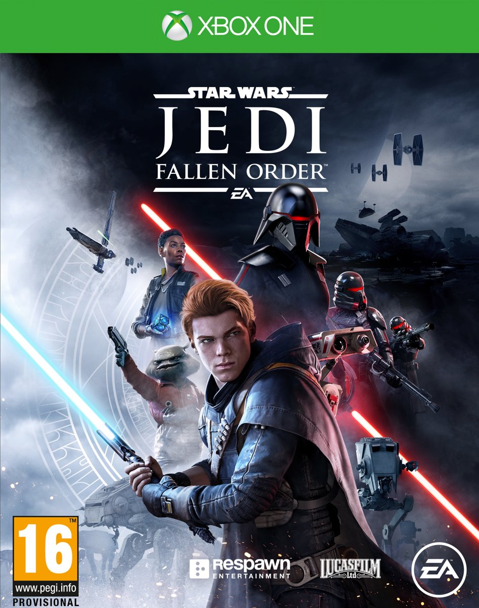 Star Wars Jedi: Fallen Order game cover met karakters en ruimteschepen.