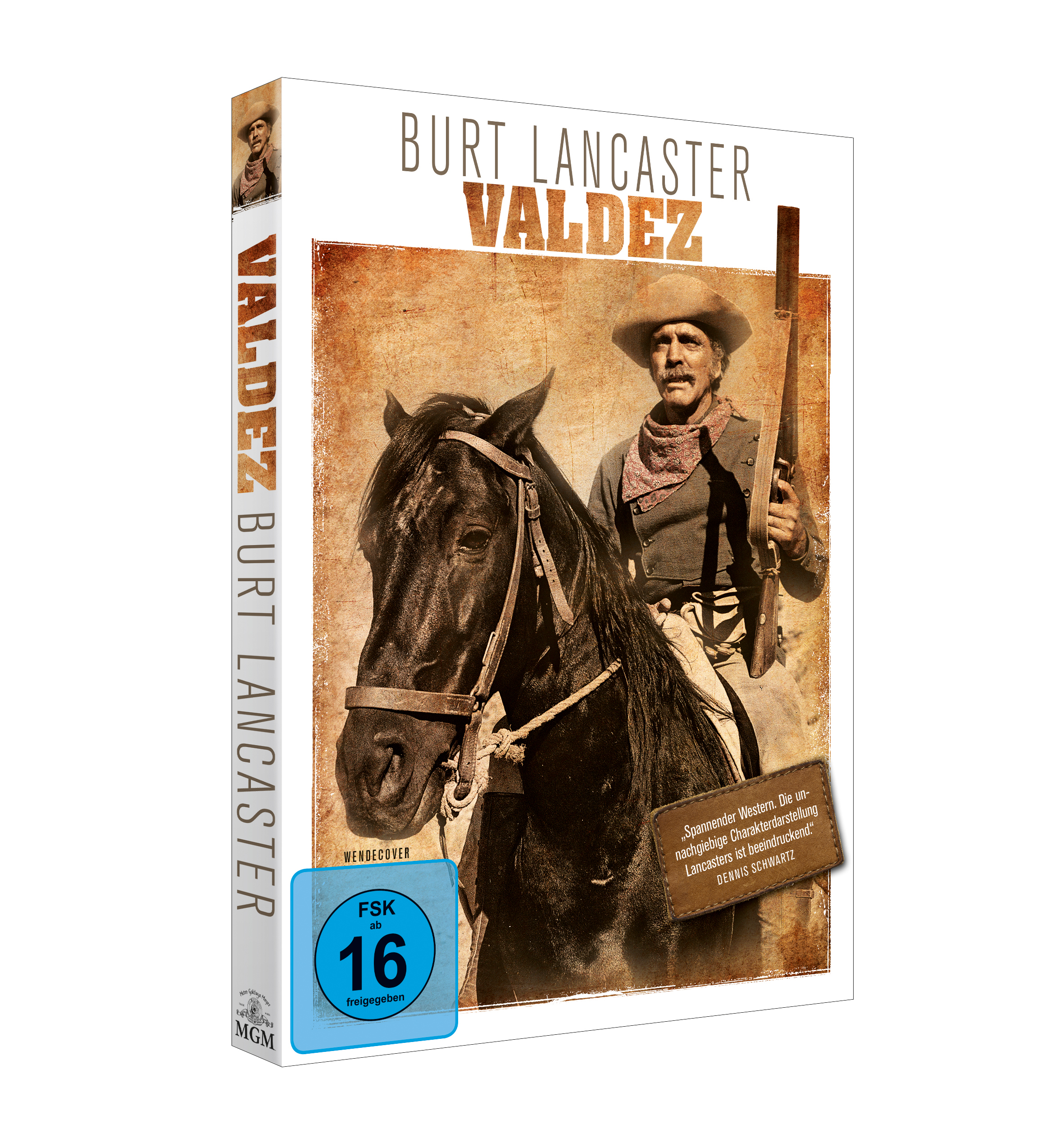 DVD-Hülle für den Film "Valdez" mit Burt Lancaster. Pferd und Reiter auf dem Cover.
