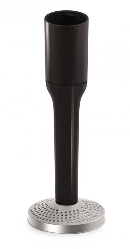 A black and silver immersion blender attachment stands upright. The top is black, the base is silver with perforations.