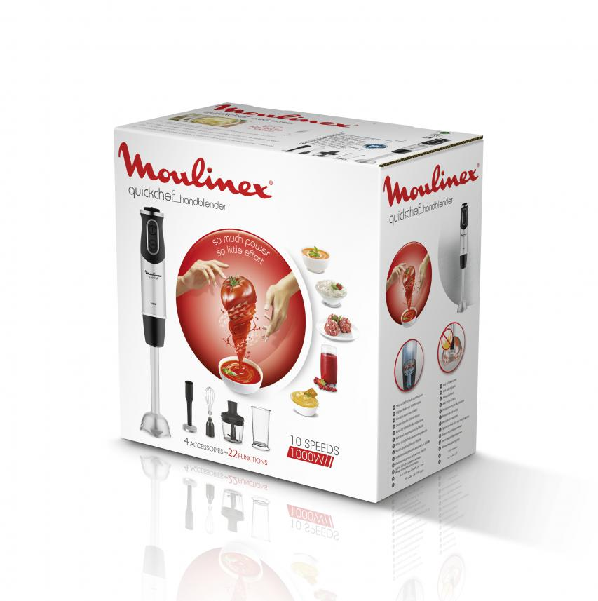 A Moulinex Quickchef hand blender box is displayed. It shows the blender, accessories, and images of food. Text: 10 speeds, 1000W.