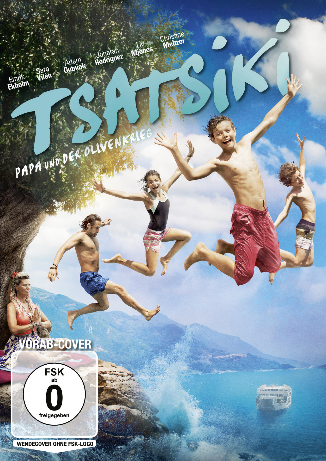 Filmposter mit springenden Schauspielern über Wasser. Titel: 'TSATSIKI'. Hintergrund: Baum, Himmel, Boot.