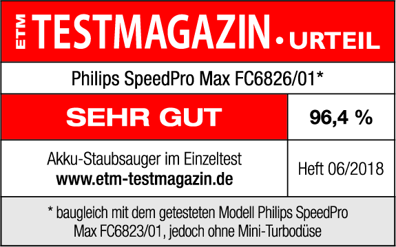 Testmagazin-Bewertung. Zeigt eine Bewertung von 96,4 % für einen Staubsauger.