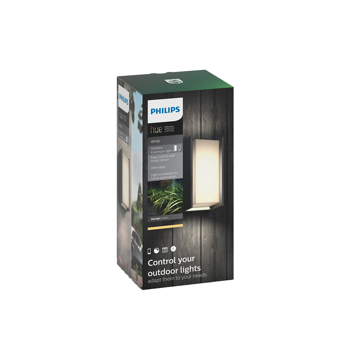 A Philips Hue outdoor extension light box. It is on a wooden background.