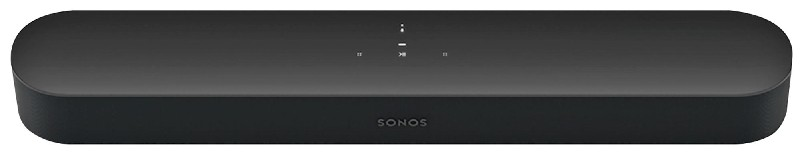 Schwarze Sonos Soundbar mit Steuertasten. Das Sonos-Logo befindet sich unten.