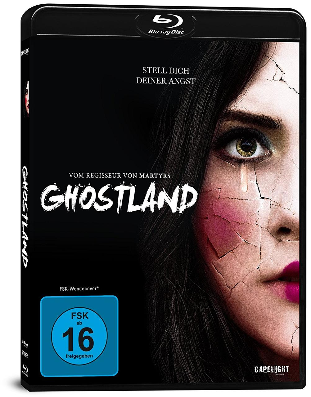 DVD-Cover mit Mädchengesicht, rissiger Haut, Tränen und dem Titel 'Ghostland'.