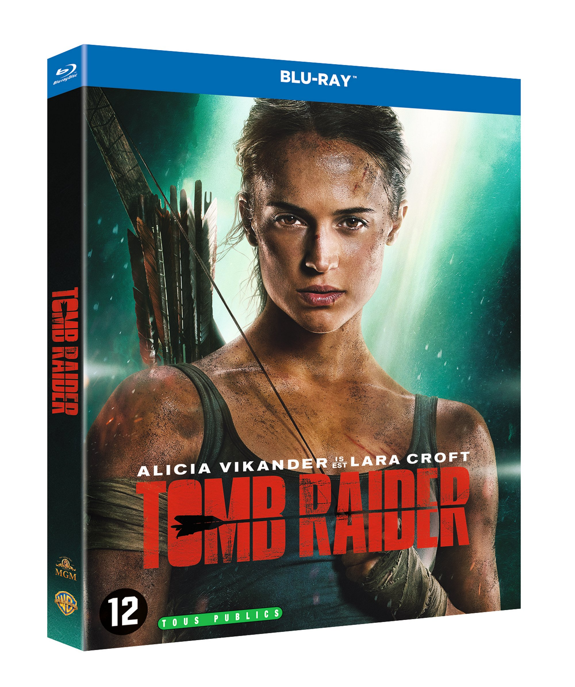 Couverture Tomb Raider Blu-ray. Alicia Vikander en Lara Croft, avec arc et flèche.