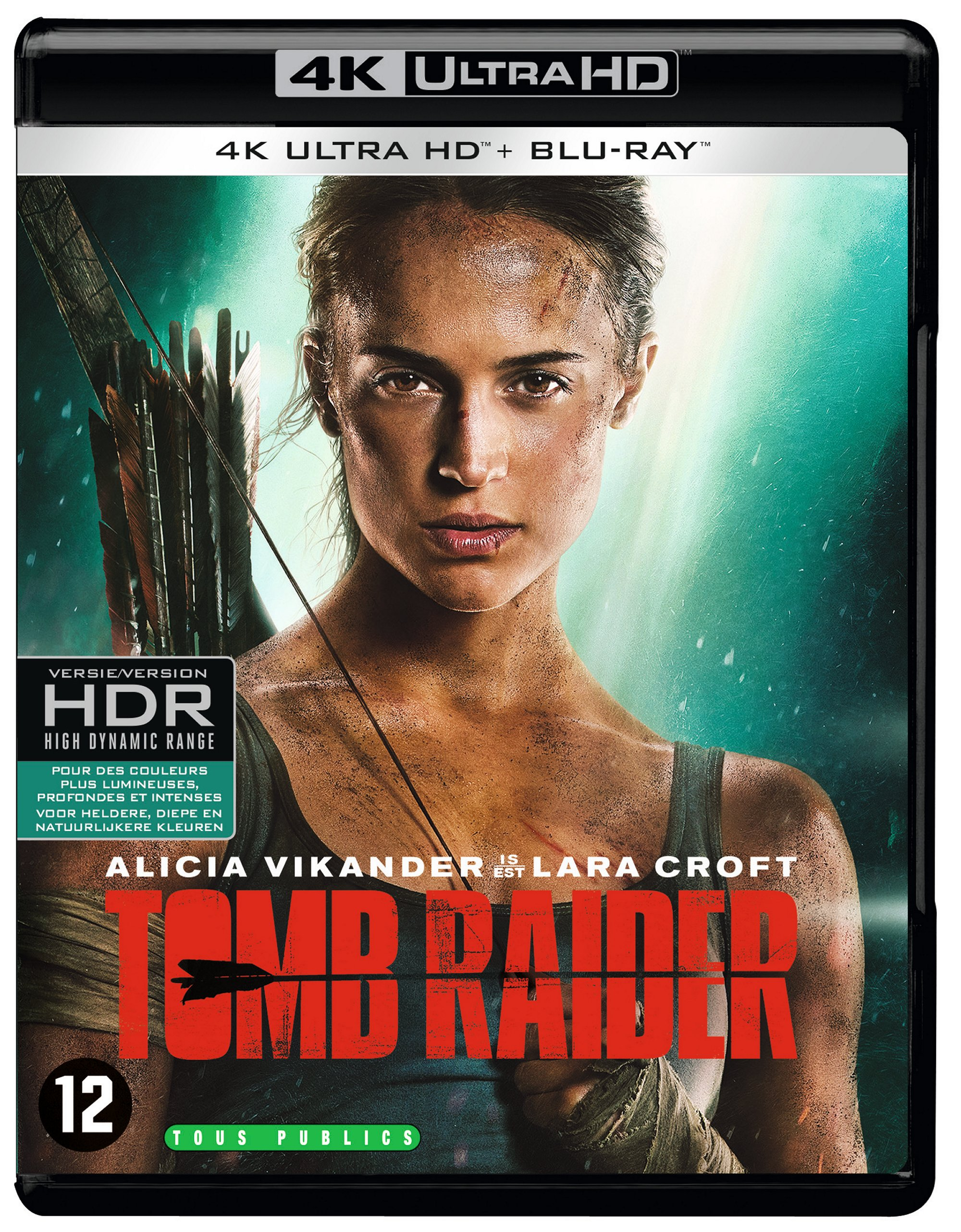 Couverture Blu-ray de 'Tomb Raider' avec Alicia Vikander. Elle montre une femme avec un arc et des flèches.