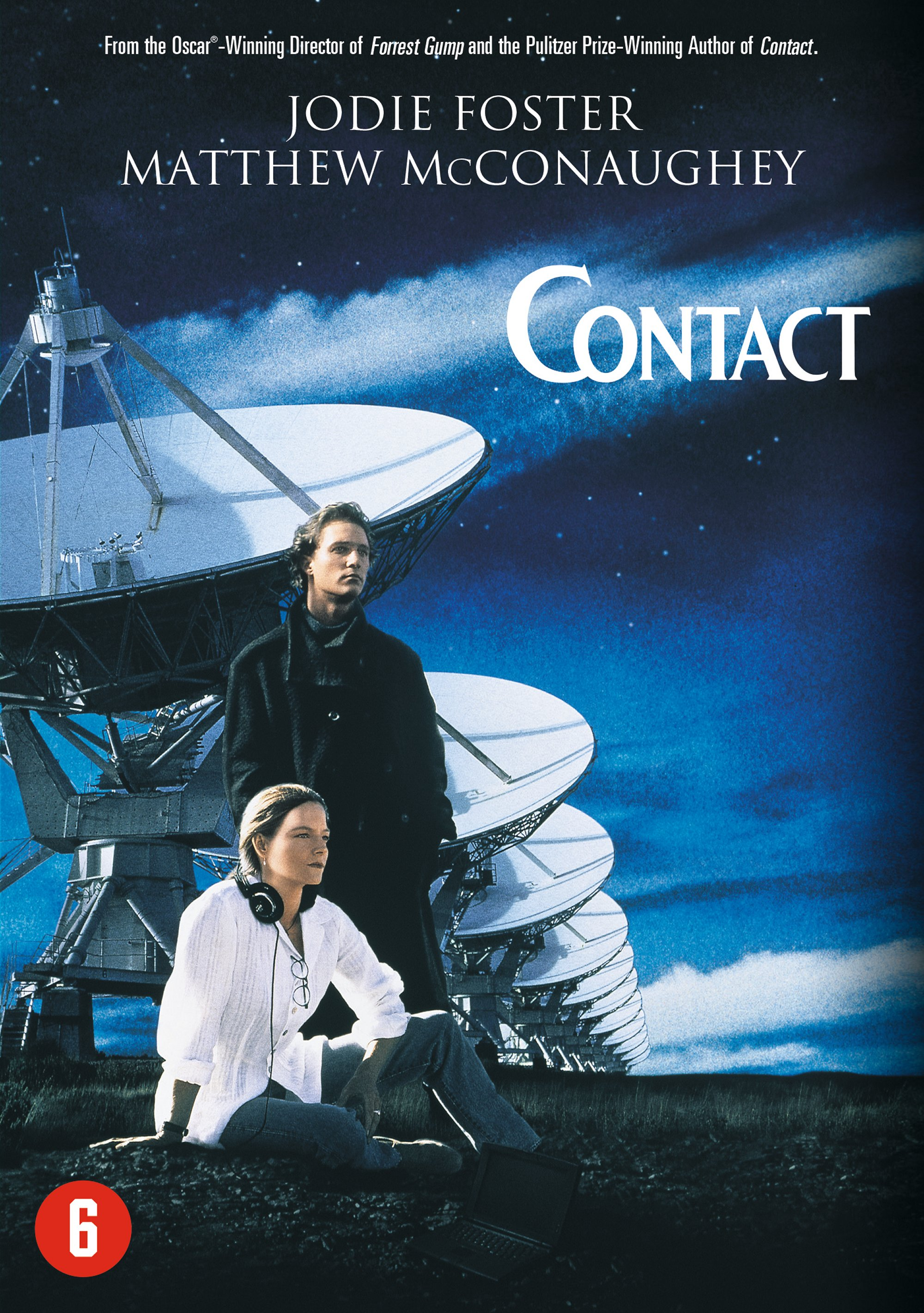Affiche du film 'Contact' avec Jodie Foster et Matthew McConaughey près d'antennes.