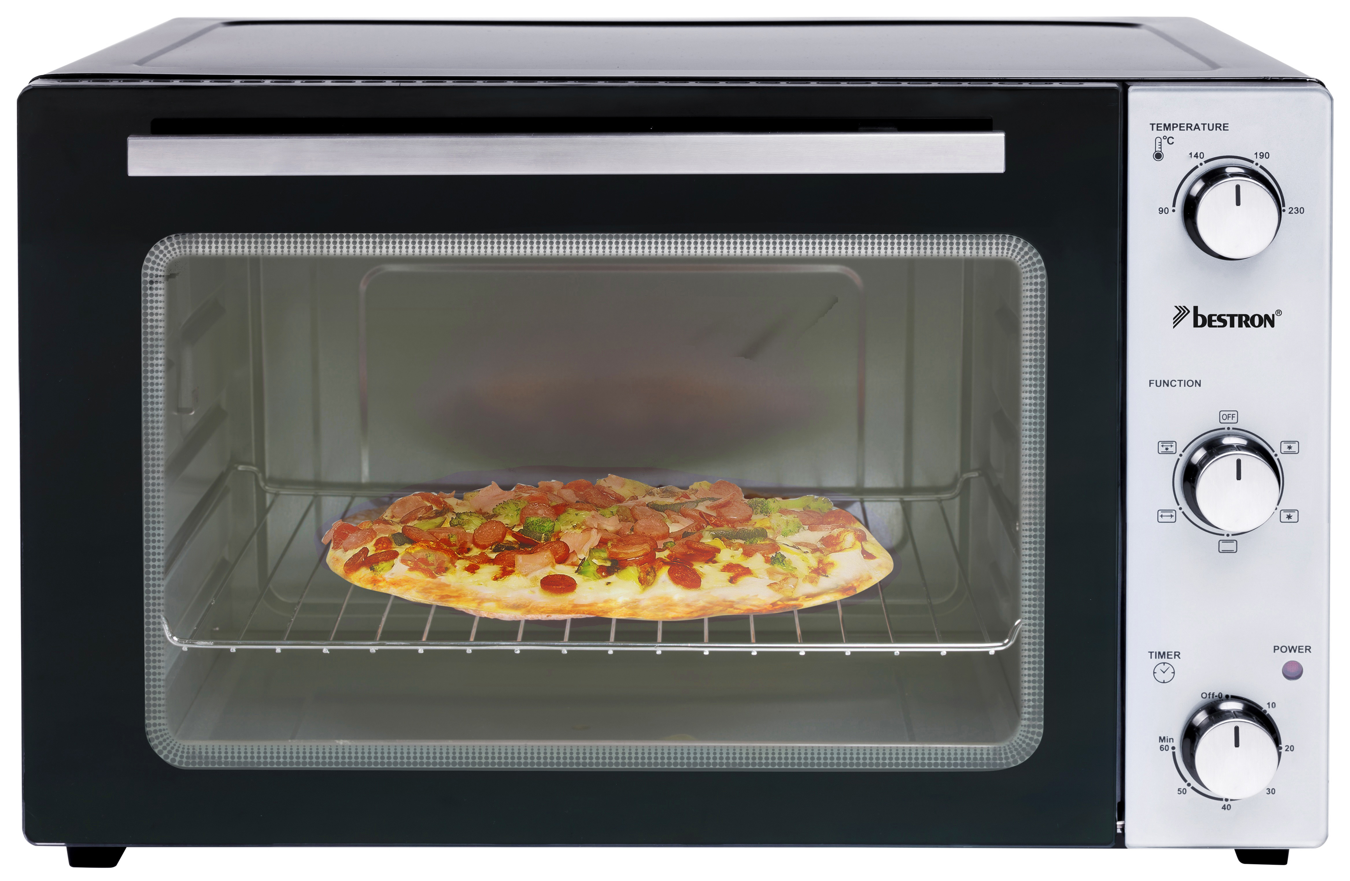 Schwarzer Ofen mit Pizza. Er hat Temperatur-, Funktions-, Timer- und Leistungsregler an der Seite.