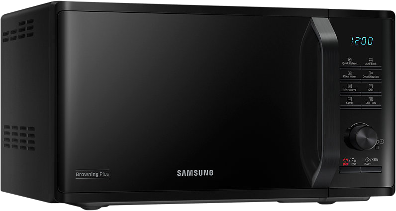 Fekete Samsung mikrohullámú sütő, jobb oldali vezérlőpanellel, idő kijelzéssel és Browning Plus funkcióval.