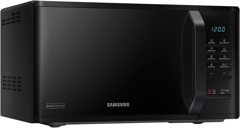 Fekete Samsung mikrohullámú sütő. Elölnézet, digitális kijelző 12:00-t mutat. Vezérlőpanel jobbra.