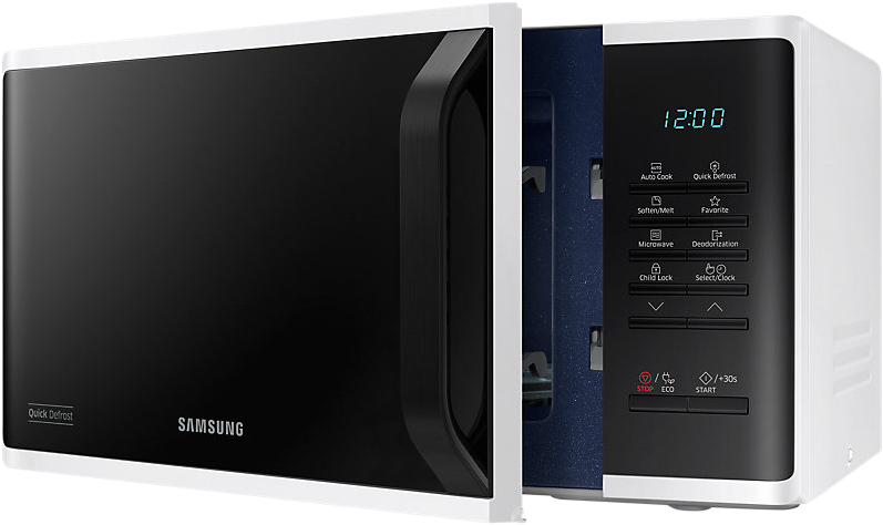 Fehér Samsung mikrohullámú sütő, fekete ajtóval és 12:00-t mutató vezérlőpanellel.