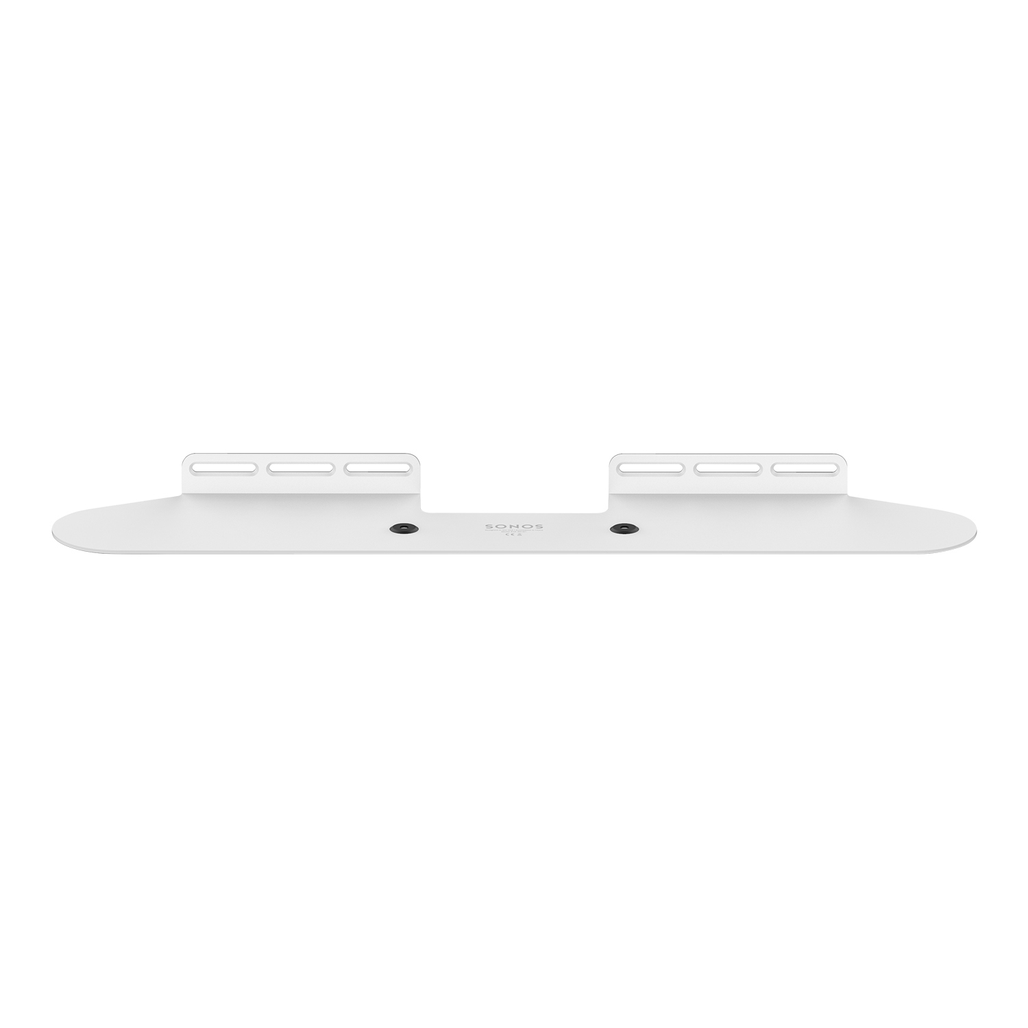 Eine weiße Soundbar-Halterung. Sie hat zwei rechteckige Abschnitte mit Löchern auf jeder Seite, auf weißem Hintergrund.