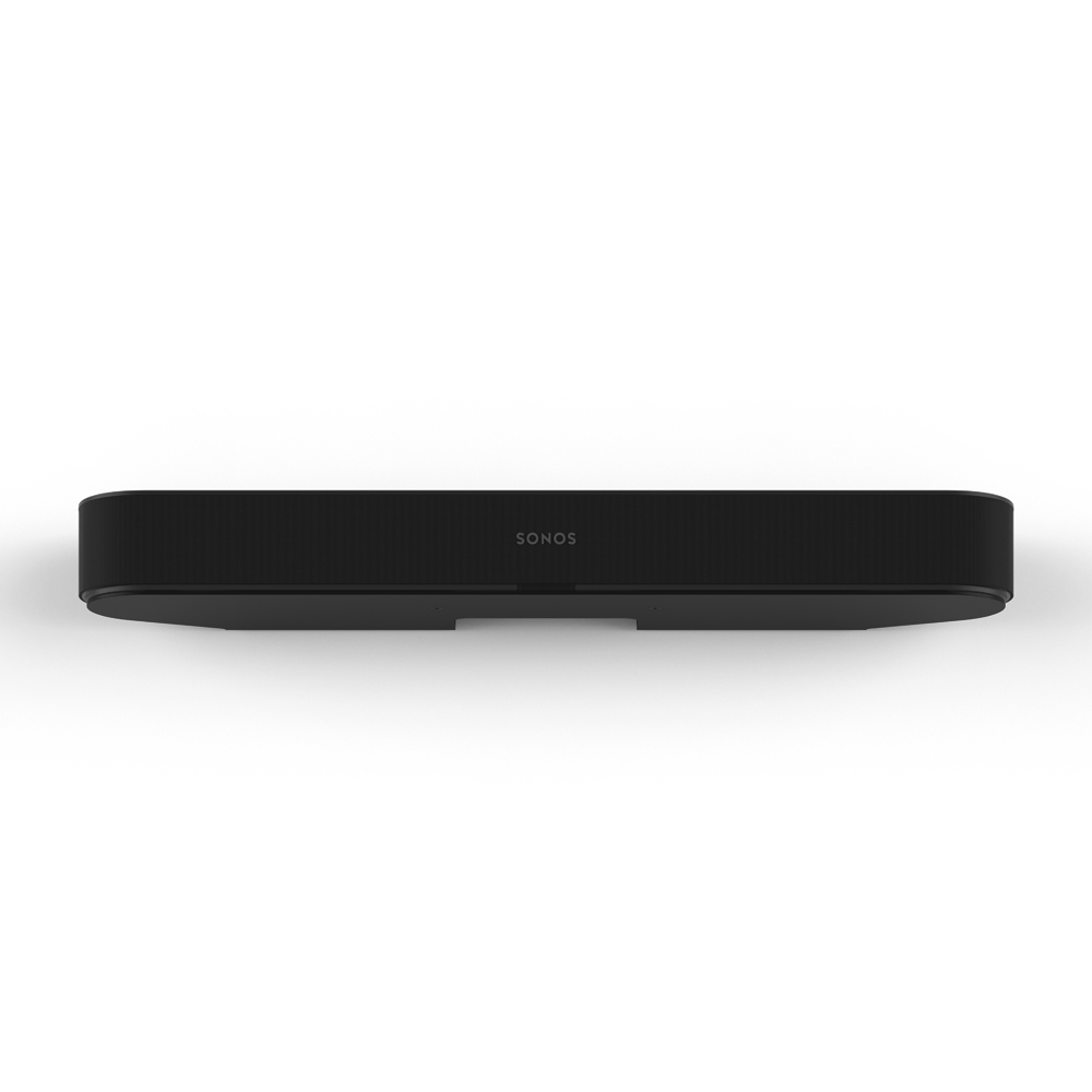 Barre de son Sonos noire sur fond blanc, vue de dessus.