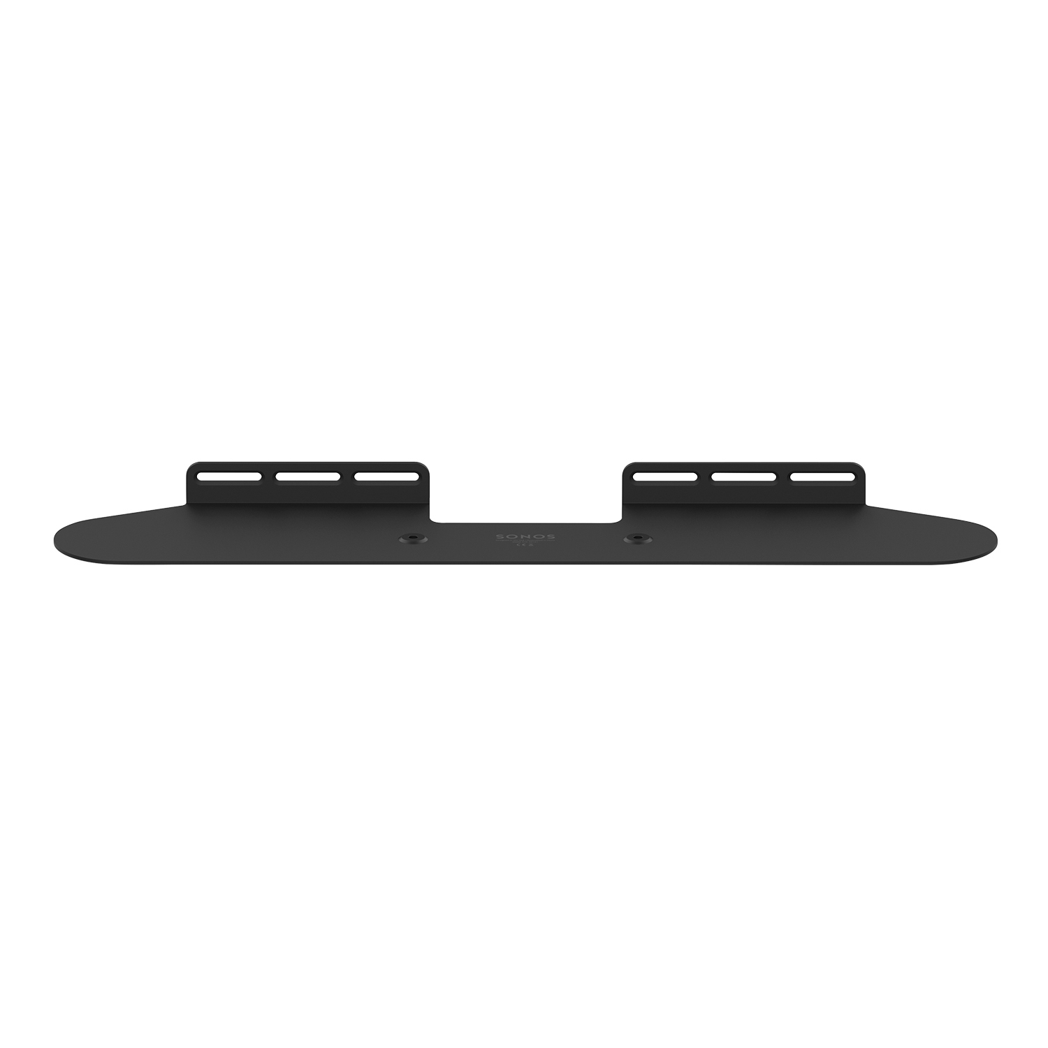 Support de barre de son Sonos noir. Forme rectangulaire avec trous et logo Sonos.
