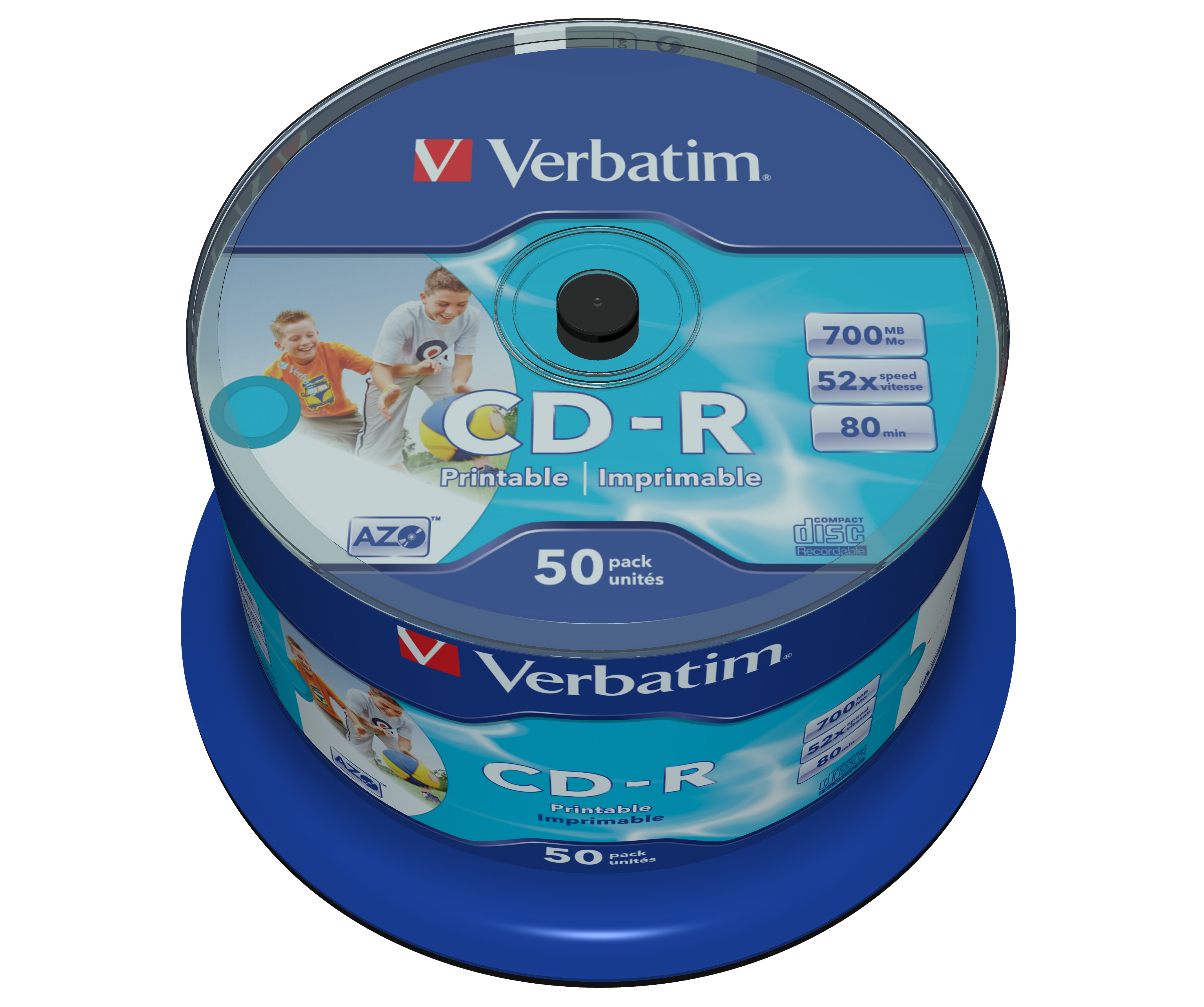 Ein Stapel von zwei Verbatim CD-R-Discs in einem blauen Halter mit einem Etikett mit Kindern und Text.