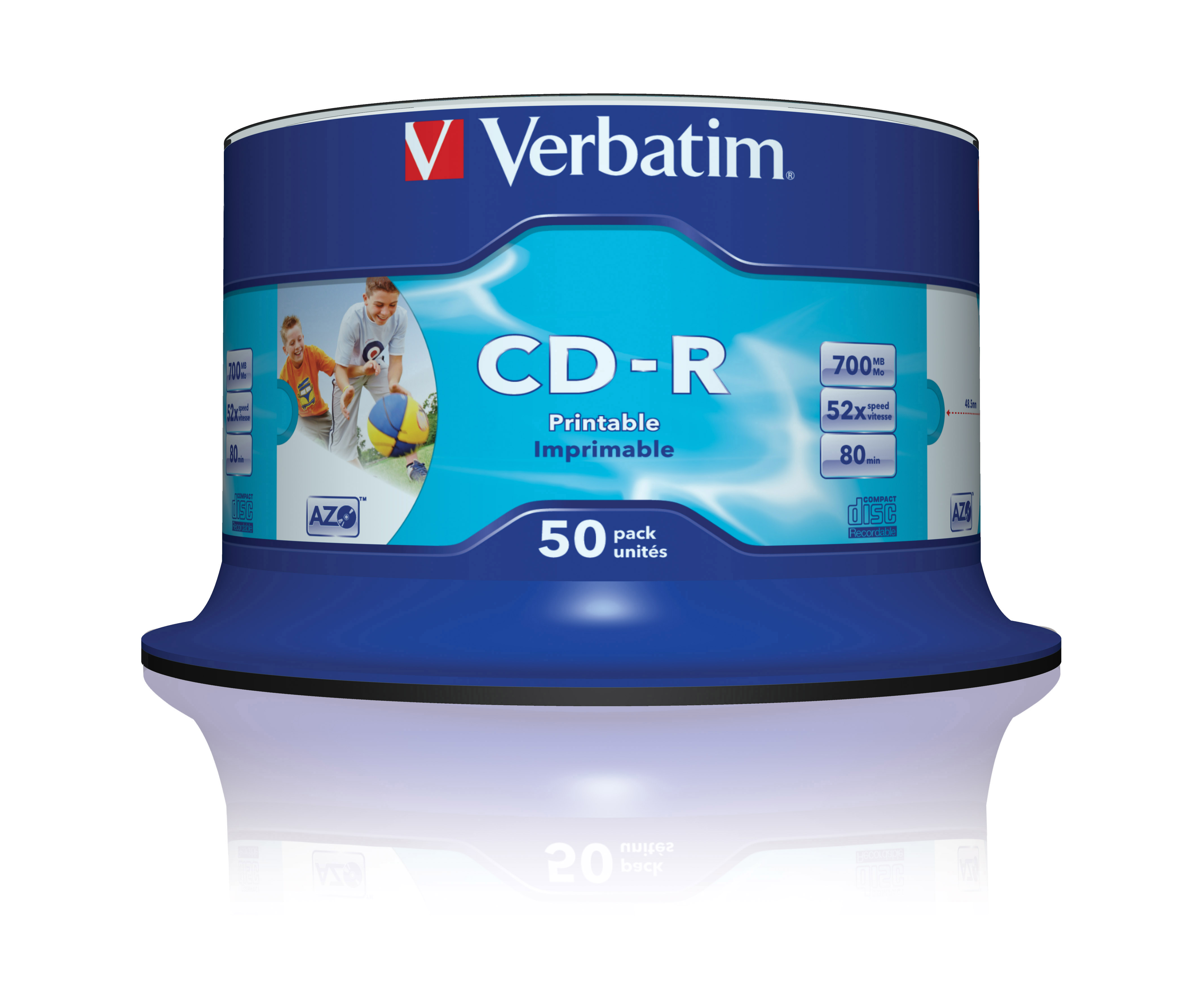 Eine blaue Verbatim CD-R Spindel mit einem Stapel CDs und einem Etikett.
