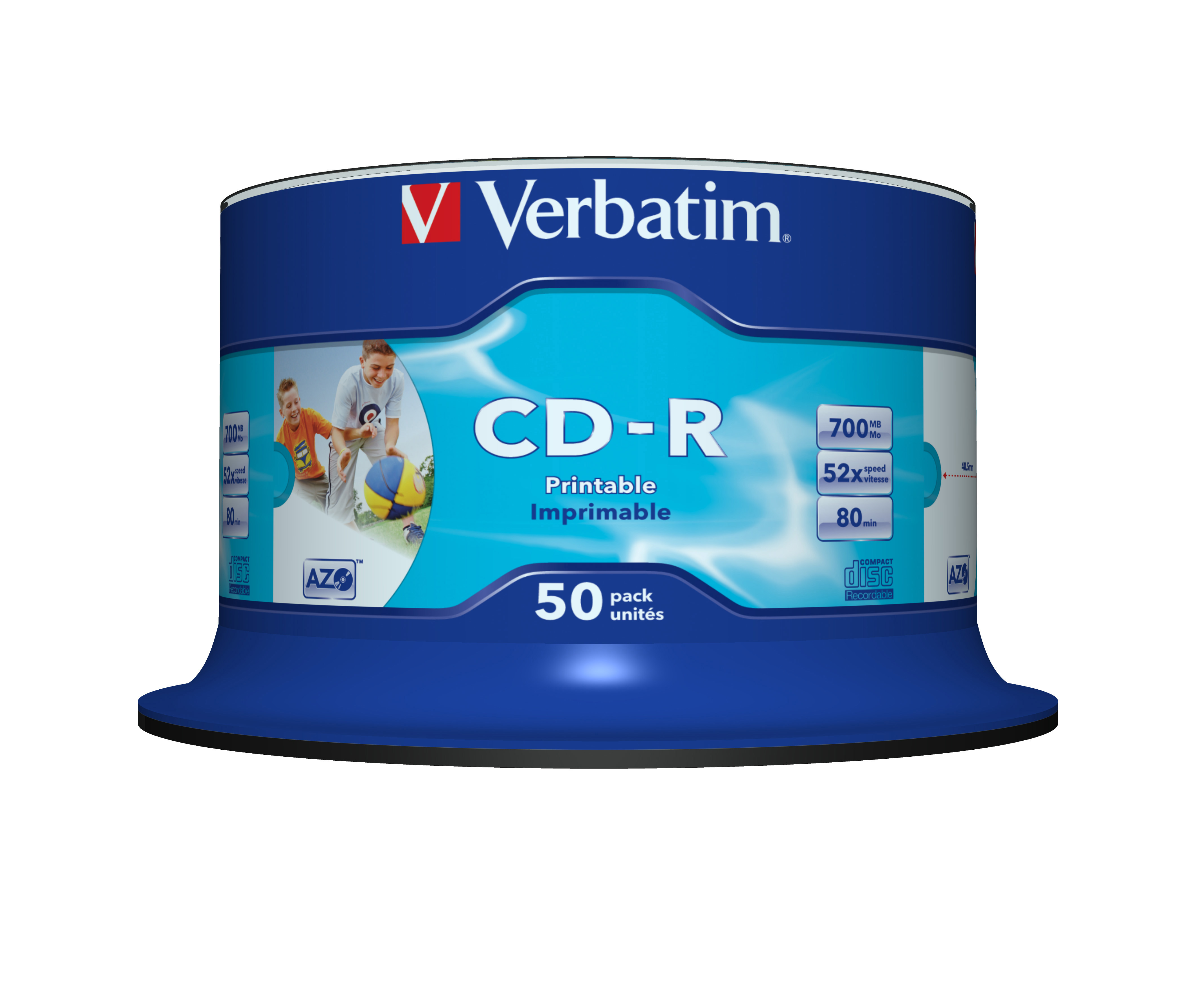 Ein Verbatim CD-R-Pack. Es hat ein blaues Etikett mit CDs und ein Bild von Kindern, die mit einem Ball spielen.