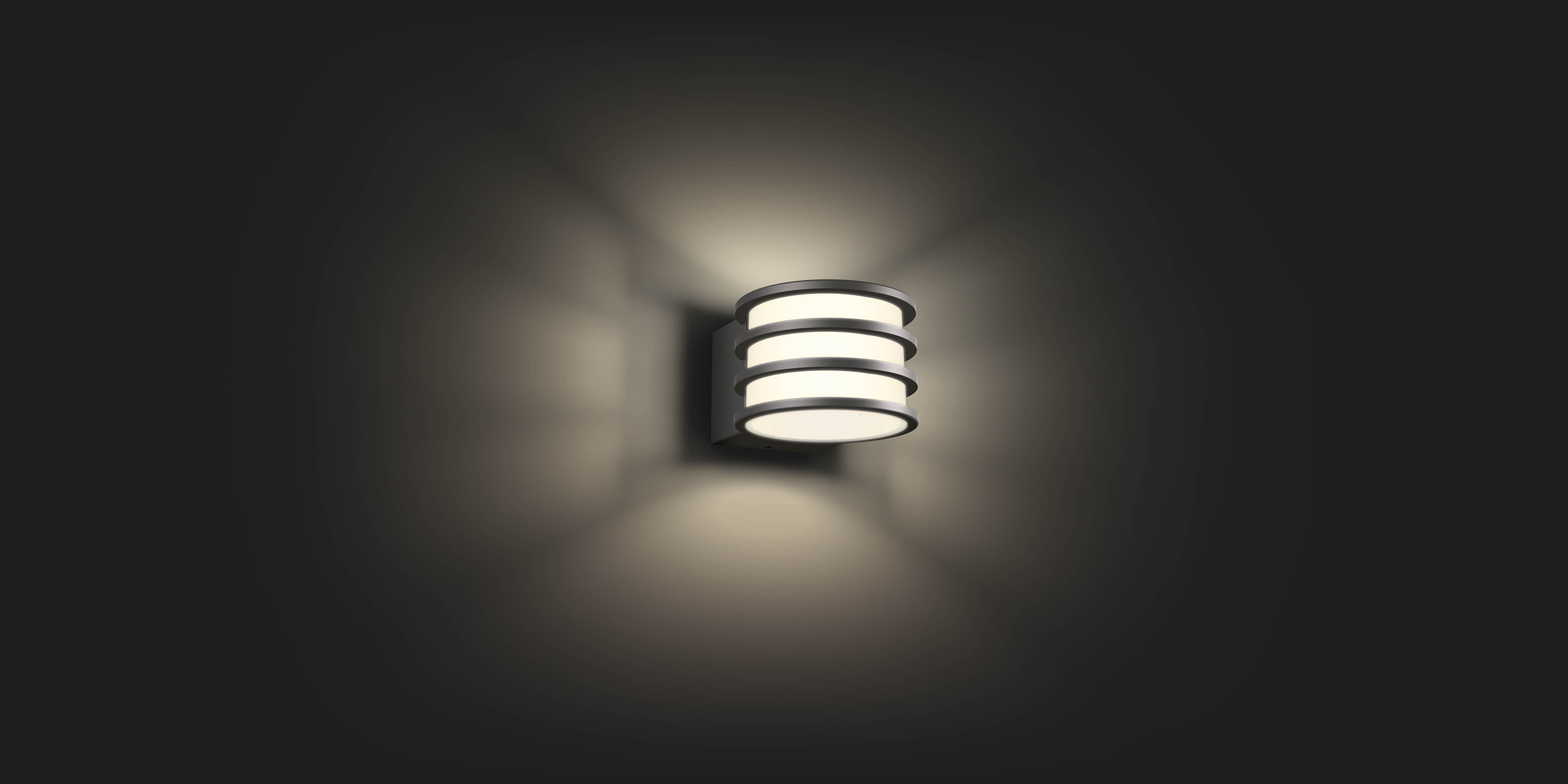 A wall-mounted, dark-colored outdoor light with three circular light sections.
