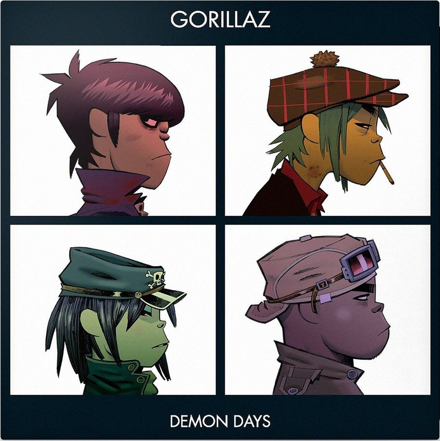 Gorillaz Demon Days albumhoes. Vier cartoonportretten, elk een bandlid.
