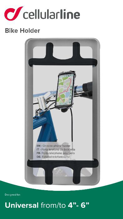 Support de téléphone noir pour vélo, tenant un téléphone avec application de navigation.