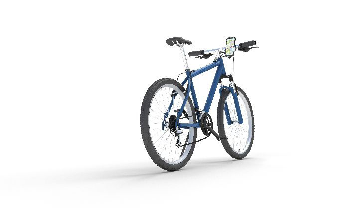VTT bleu avec support de téléphone sur fond blanc.