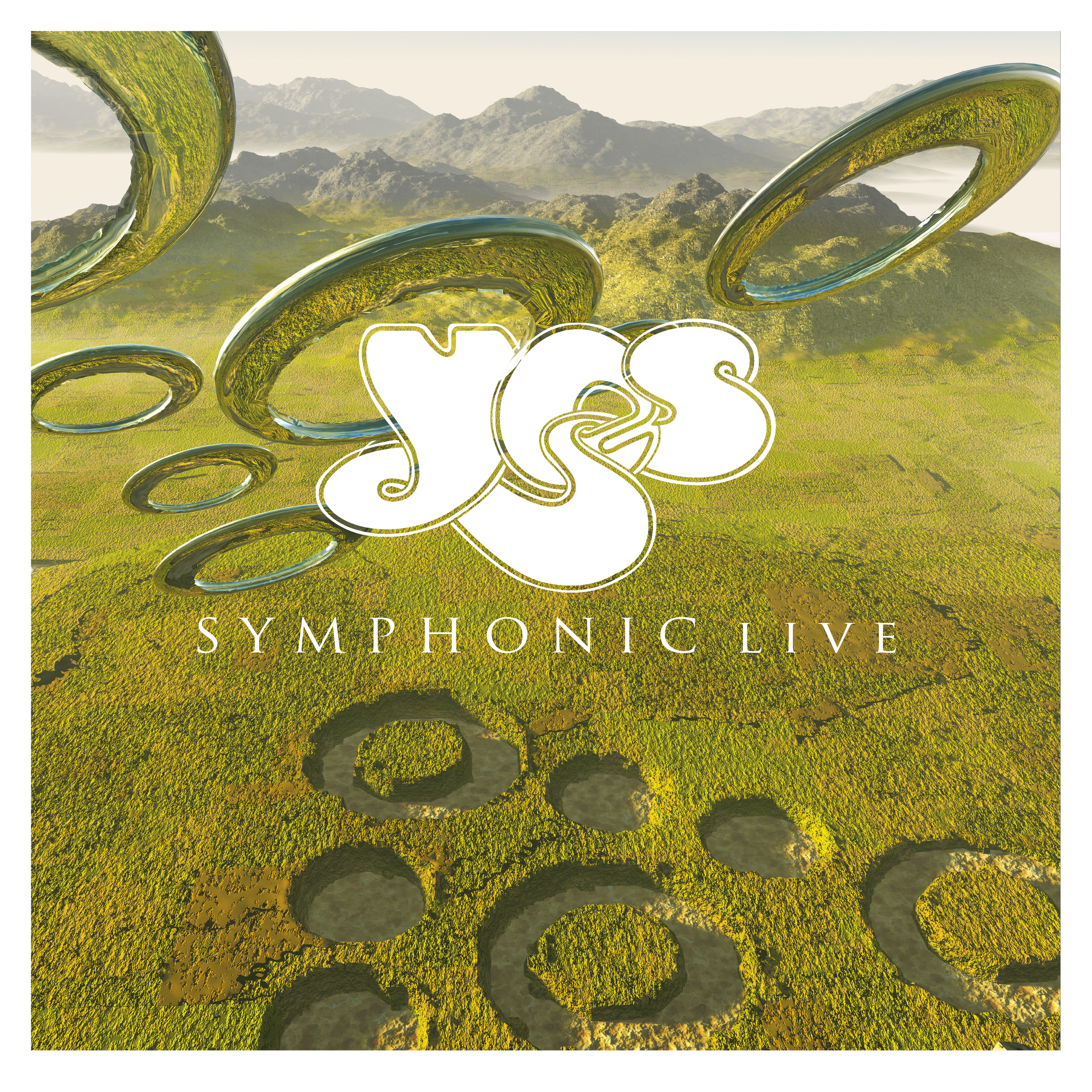 Albumcover für Yes - Symphonic Live. Zeigt das Logo der Band über einer Landschaft.