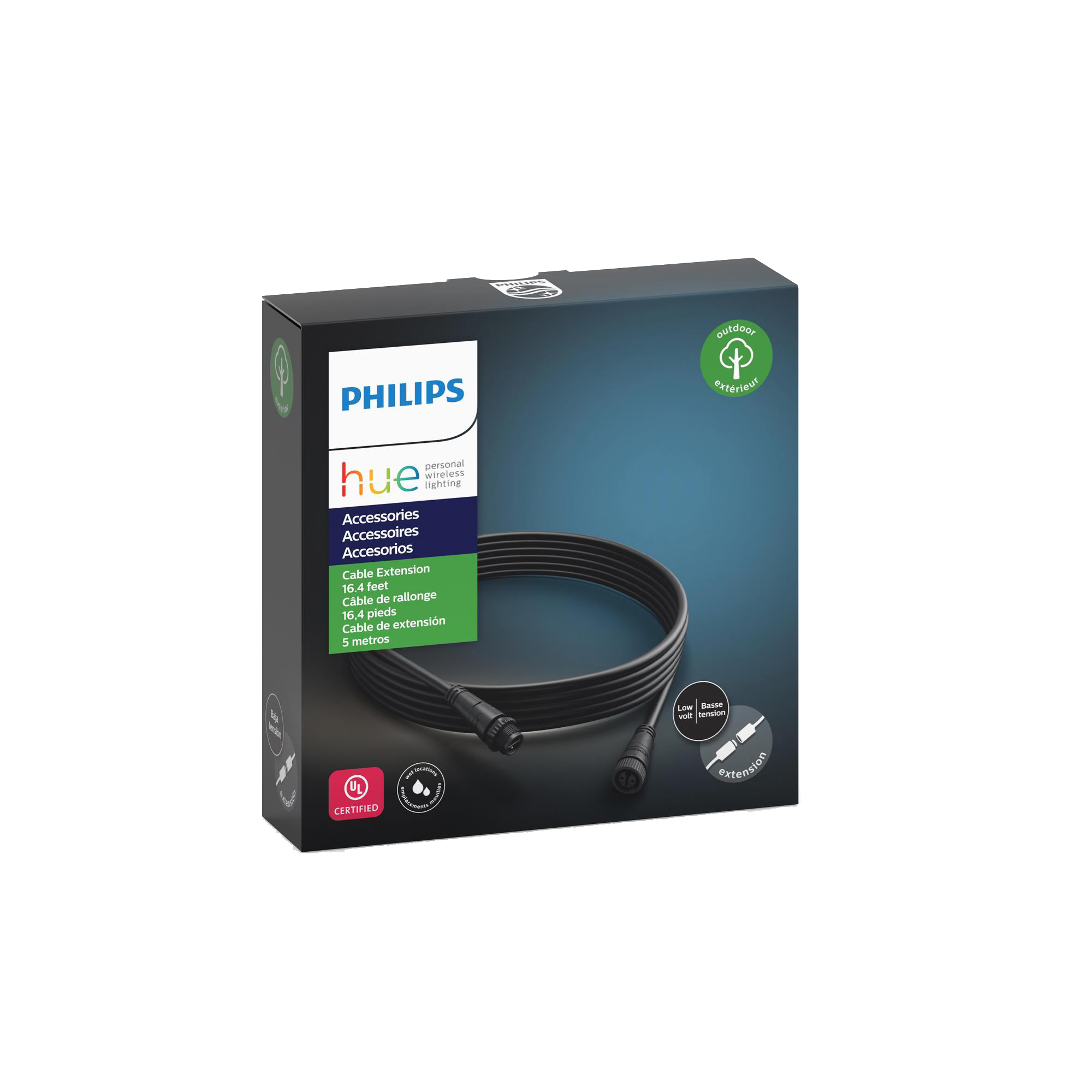 Zwarte Philips Hue kabelverlengingsdoos met kabels. De doos heeft tekst, kabel is zwart.