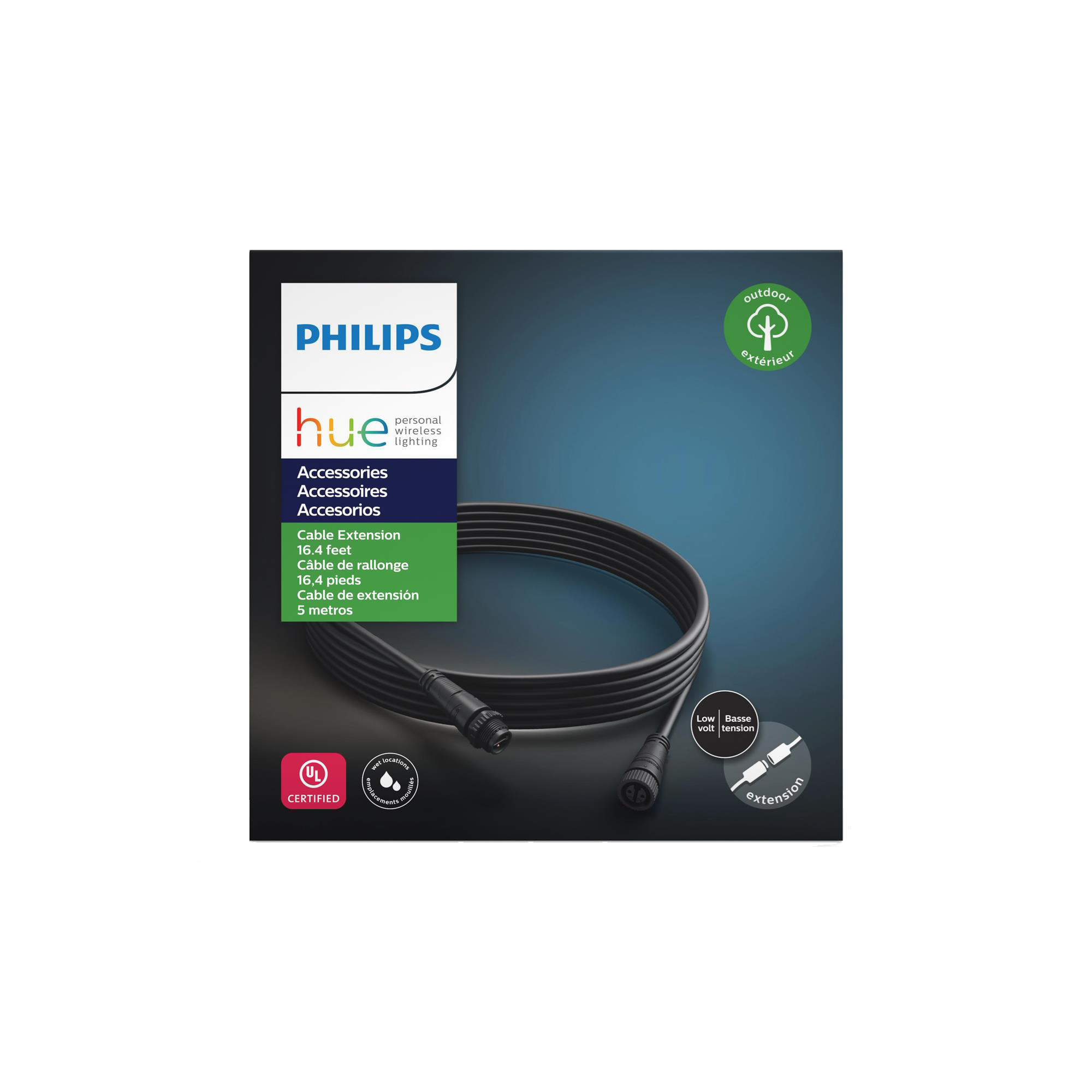 Zwarte Philips Hue kabelverlenging met connectoren, in een doos.