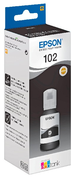Bouteille d'encre noire Epson 102 dans une boîte blanche et noire. Bouteille noire avec bouchon blanc.