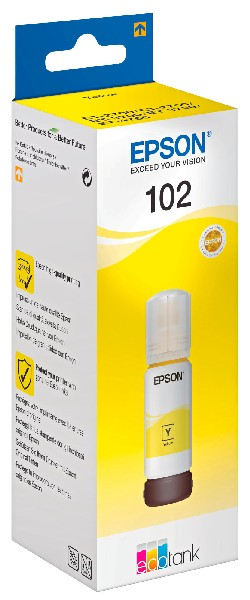 Cartucho de tinta Epson 102, amarillo, en caja amarilla y blanca. Logos Epson y tinta visibles.
