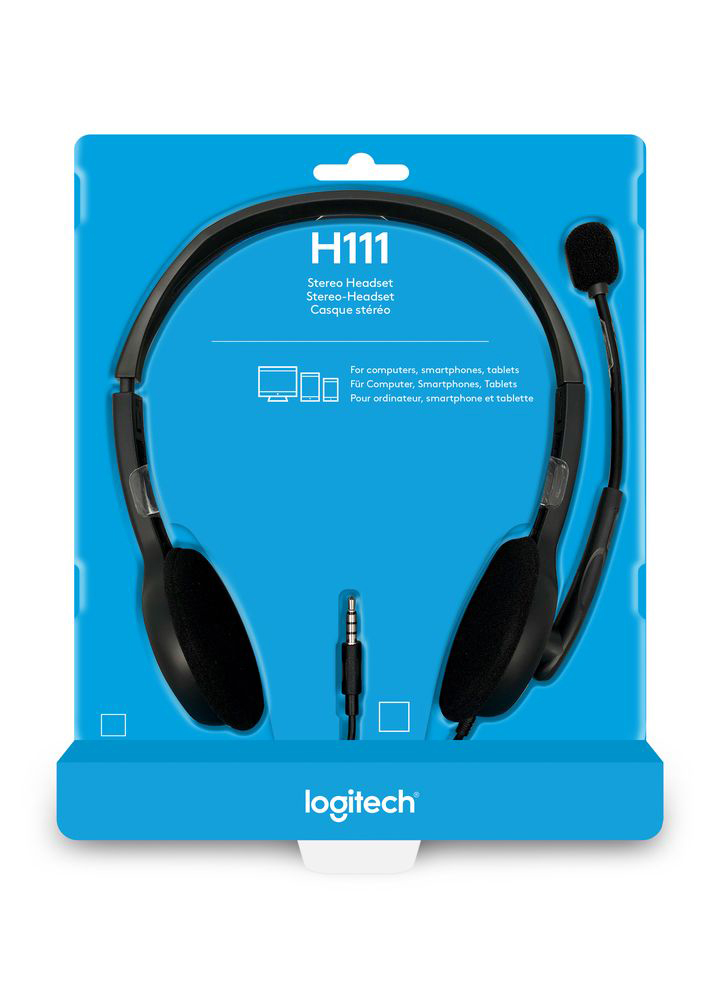 Cuffie stereo Logitech H111 nere in confezione blu. Le cuffie sono nere, la confezione blu.