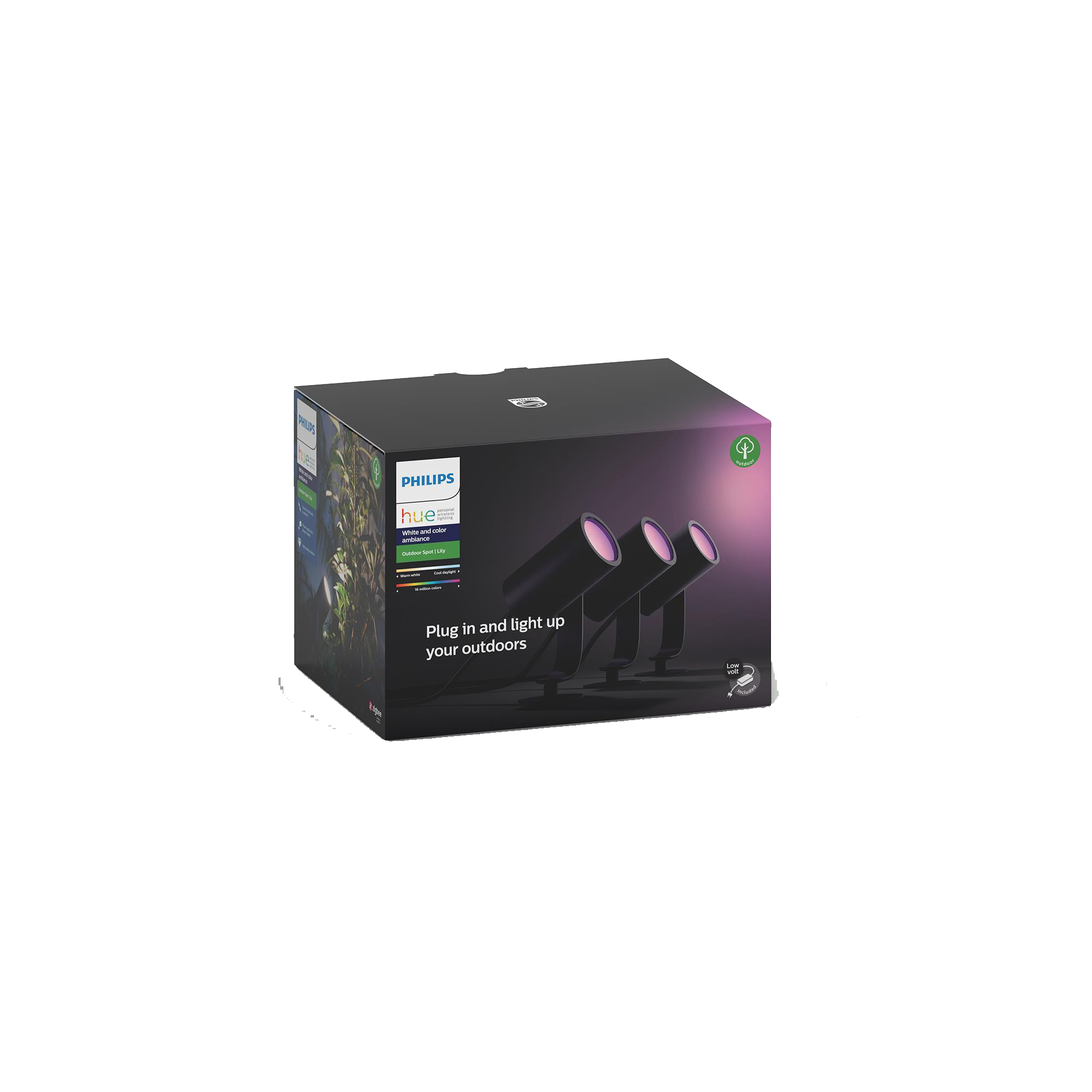 Black box with Philips Hue lights. Text says: Plug in and light up your outdoors.