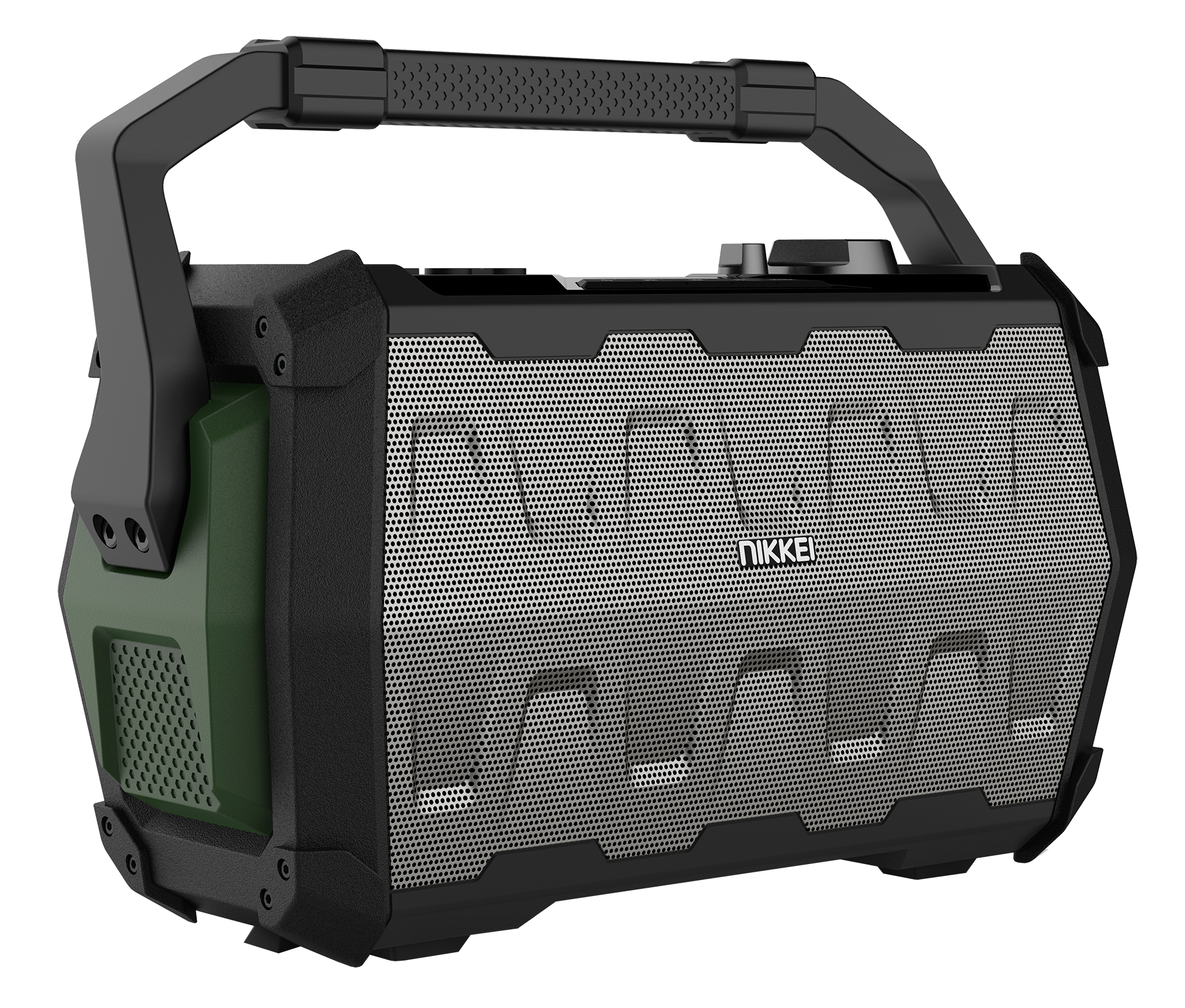 Black and metallic Nikkei speaker with a handle. It has a grid-like front, and green side panel.