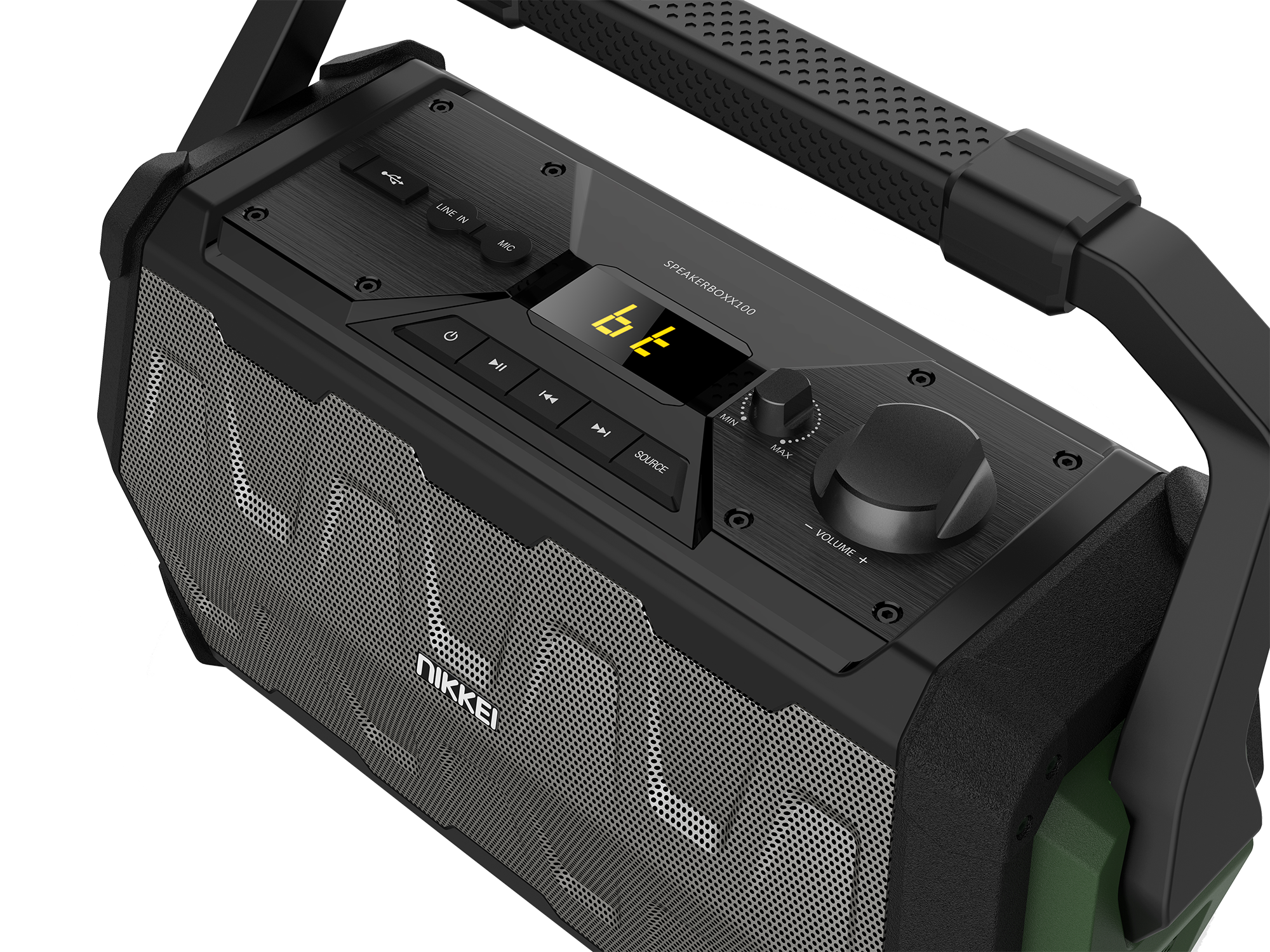 Black and gray portable speaker with controls, display, and handle. Green accent on the side.